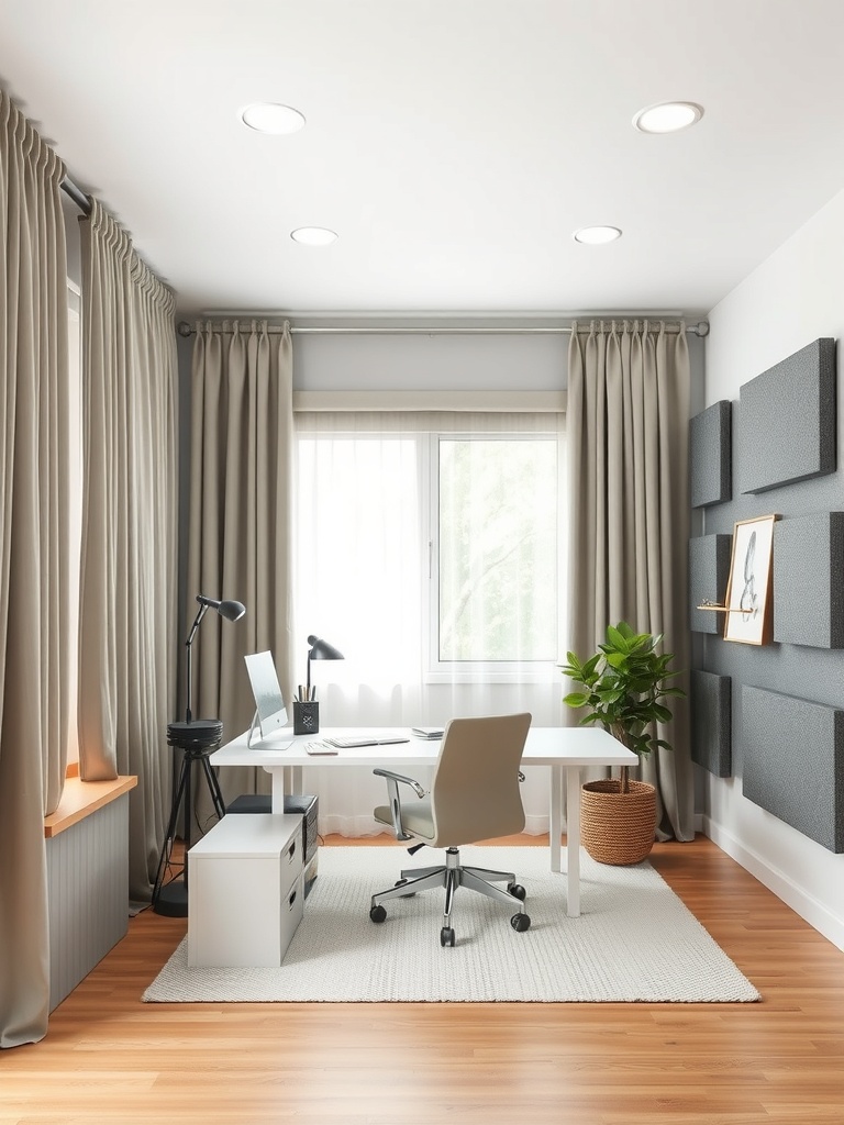 20 Creative and Affordable Home Office Ideas for Any Budget 14 A bright home office featuring soundproofing elements like curtains and acoustic panels.