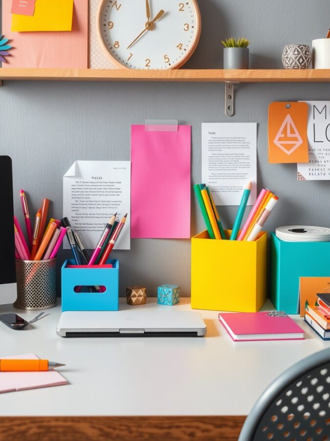 16 Vibrant Home Office Ideas to Brighten Your Workspace 4 A colorful home office desk setup featuring vibrant desk accessories, a laptop, and a clock.