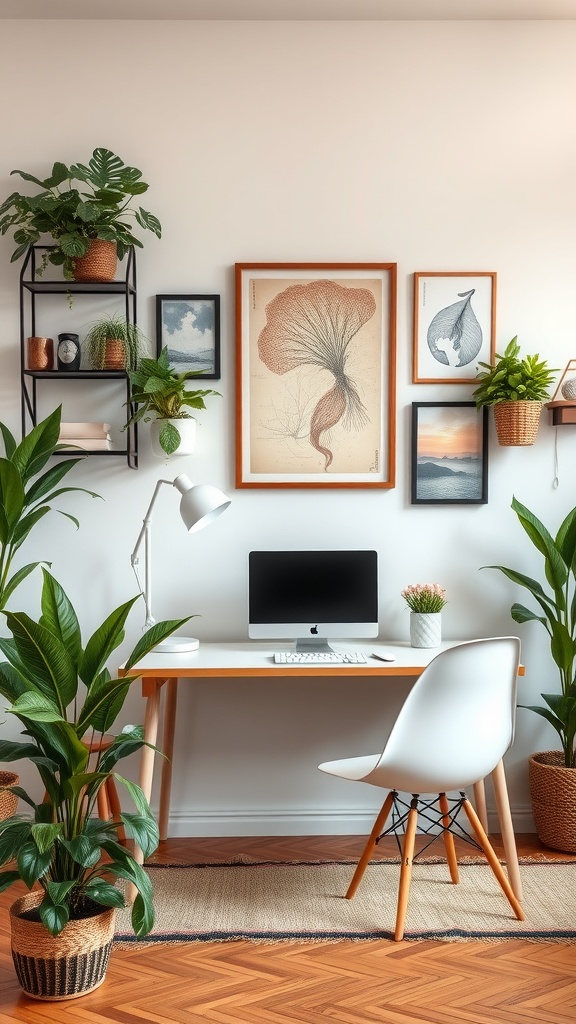 21 Creative Home Office Ideas to Boost Your Productivity 18 A stylish home office with plants and artwork, perfect for video calls.