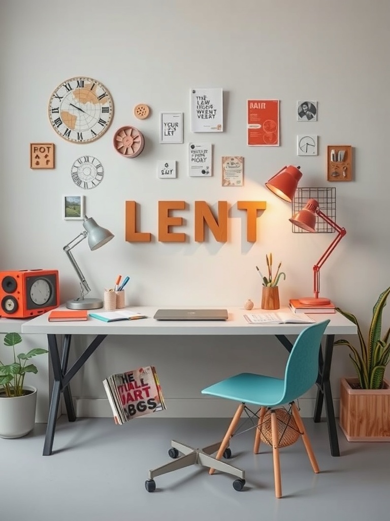 30 Inspiring Home Office Ideas for Remote Work Success 17 A bright home office desk with colorful decor, a laptop, and artistic wall art.