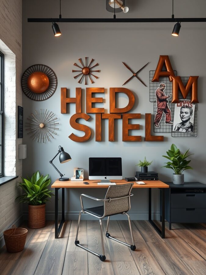19 Inspiring Home Office Ideas with Industrial Flair 12 A home office with artistic metal wall art, featuring bold letters and geometric shapes, complemented by plants.