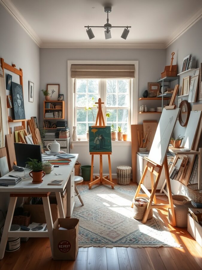 15 Inspiring Home Office Ideas for a Productive Workspace 13 A cozy artistic studio with an easel, desk, and natural light.