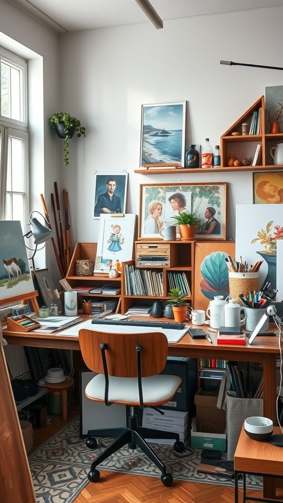 15 Inspiring Home Office Ideas to Match Every Personality 4 A cozy artistic studio office filled with artworks, plants, and art supplies.
