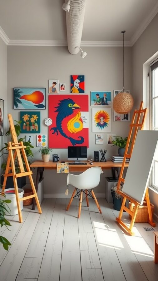 25 Stylish Home Office Ideas to Reflect Your Personality 11 A colorful artistic studio office with a vibrant red wall, artwork, plants, and an organized desk space.