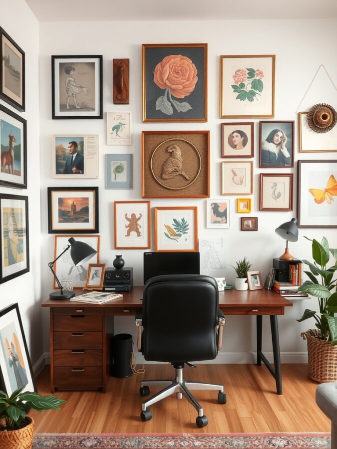 19 Stunning Home Office Ideas to Make a Bold Statement 6 A home office with a gallery wall featuring various framed artworks, including botanical prints and portraits, alongside a wooden desk and chair.