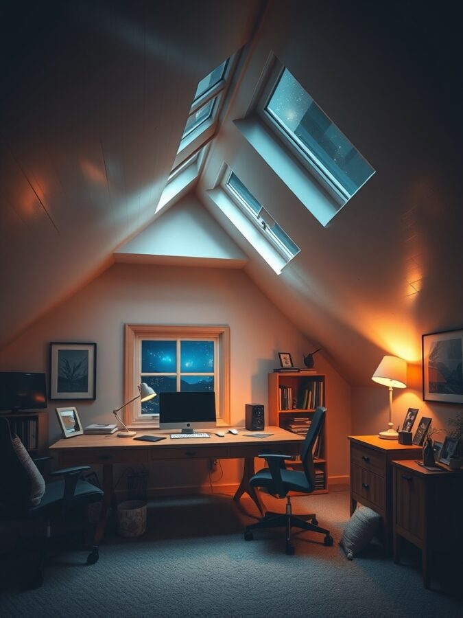 13 Inspiring Home Office Ideas with Stunning Views 7 Cozy attic office with skylights and a view of the night sky
