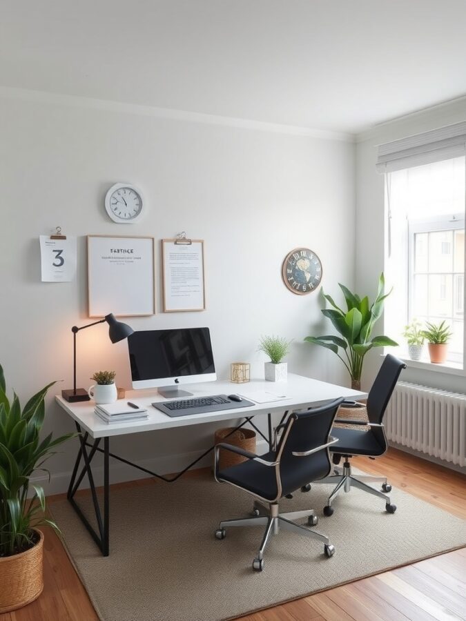 21 Inspiring Home Office Ideas for Creative Minds 19 A bright home office with a desk, computer, plants, and wall decor.