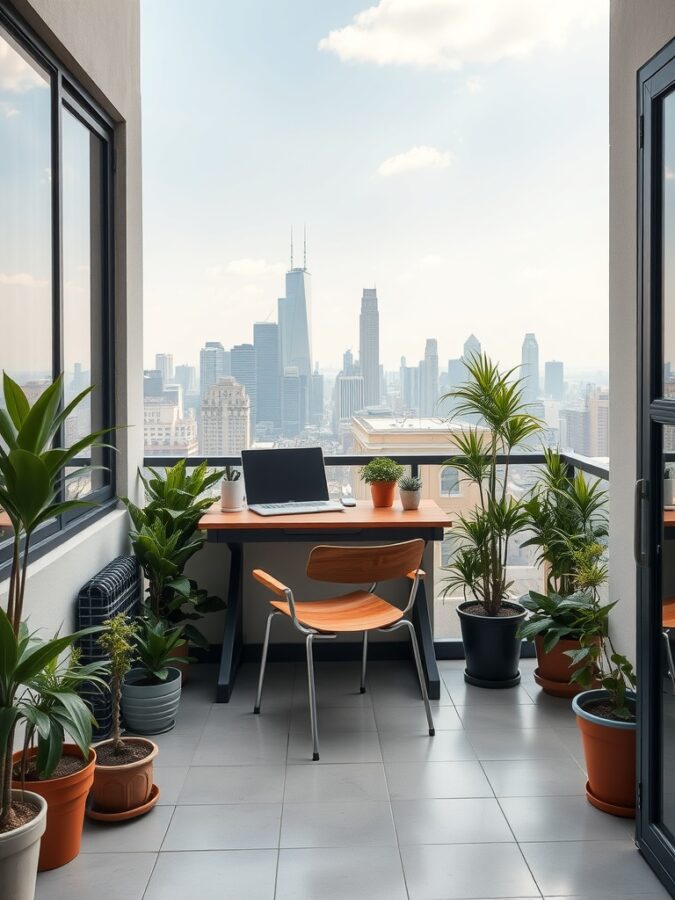 13 Inspiring Home Office Ideas with Stunning Views 4 A balcony workspace with a desk, chair, and plants overlooking a city skyline.