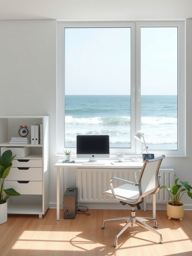 13 Inspiring Home Office Ideas with Stunning Views 11 A modern beachfront office with a desk, chair, and a large window showing the ocean view.