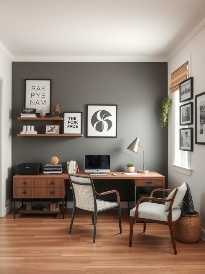19 Stunning Home Office Ideas to Make a Bold Statement 4 A stylish home office featuring a bold gray accent wall with framed art, a wooden desk, and modern chairs.