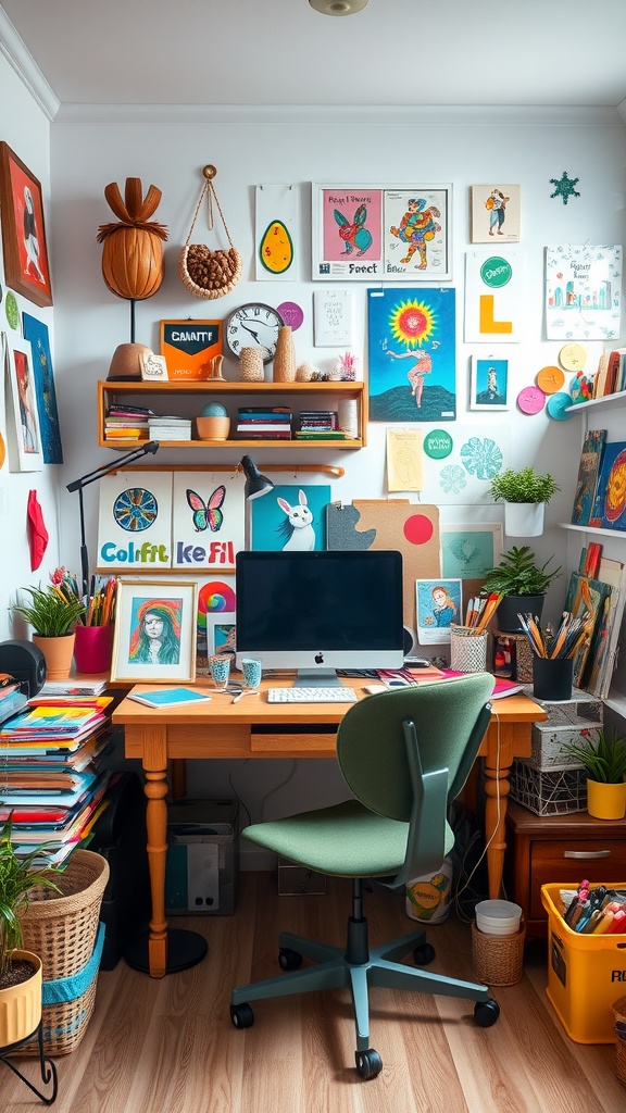 15 Inspiring Home Office Ideas to Match Every Personality 7 A colorful home office with vibrant artwork, a wooden desk, and a green chair, showcasing creativity and personality.