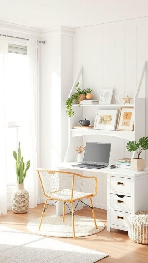 25 Stylish Home Office Ideas to Reflect Your Personality 16 A bright and airy coastal office with a white desk, laptop, and decorative items, featuring large windows and plants.