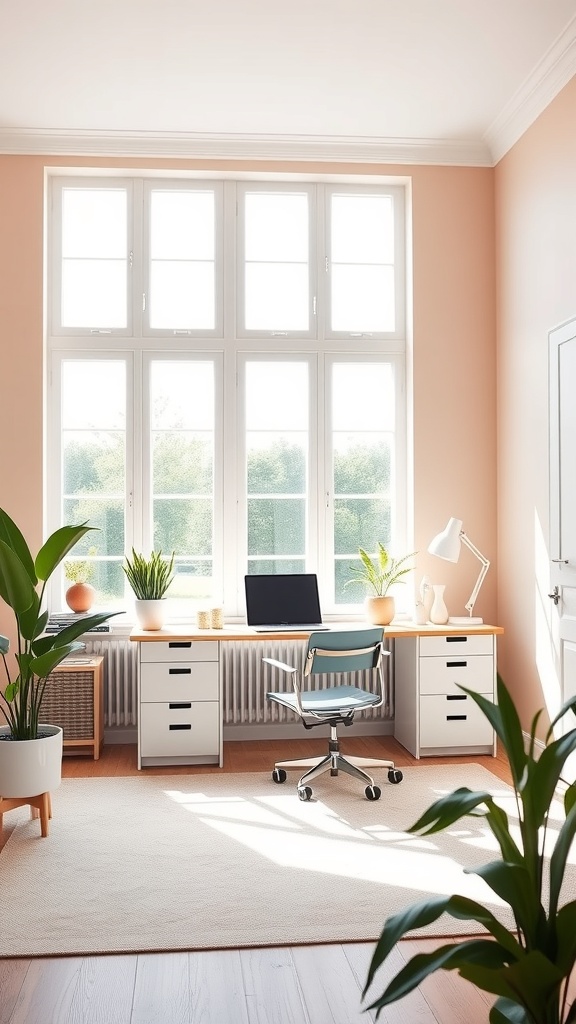 21 Creative Home Office Ideas to Boost Your Productivity 5 A bright and airy home office with peach walls, large windows, a desk with a laptop, and green plants.