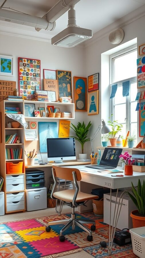 25 Stylish Home Office Ideas to Reflect Your Personality 5 A bright and colorful home office with artwork on the walls, a desk with computers, and plants.