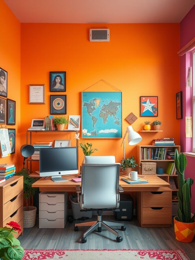 15 Inspiring Home Office Ideas for a Productive Workspace 6 A bright and colorful home office with orange walls, a wooden desk, and various decorative items.
