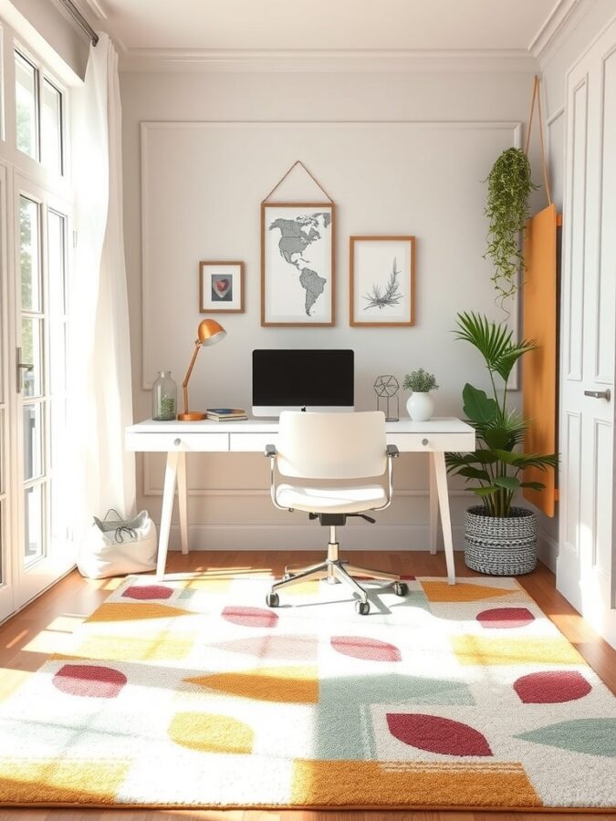 16 Vibrant Home Office Ideas to Brighten Your Workspace 6 A bright area rug with a colorful geometric pattern in a modern home office setting.