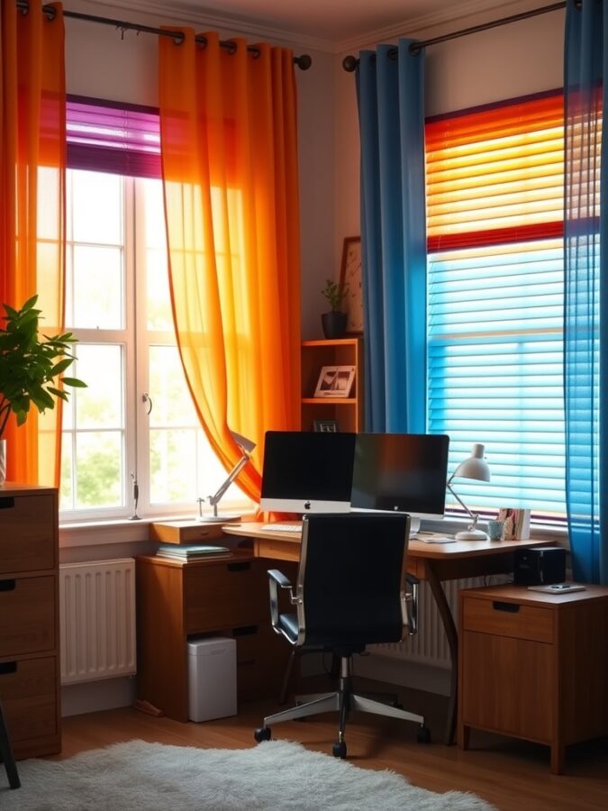 16 Vibrant Home Office Ideas to Brighten Your Workspace 14 A bright home office featuring orange and blue sheer curtains, a wooden desk, and a comfortable office chair.