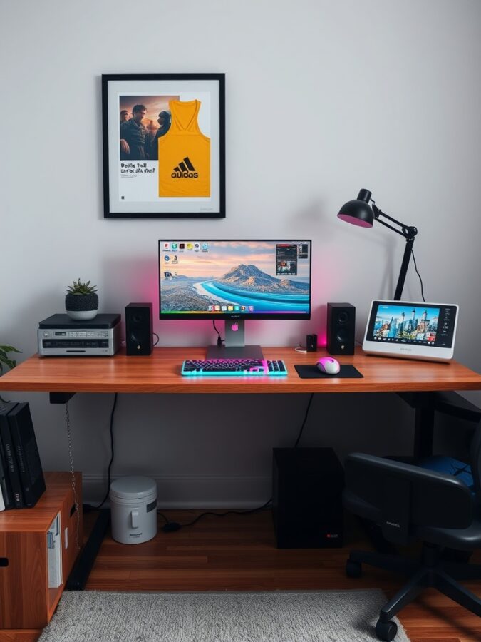 16 Vibrant Home Office Ideas to Brighten Your Workspace 15 A home office setup featuring a colorful keyboard, monitor, and personal decor.