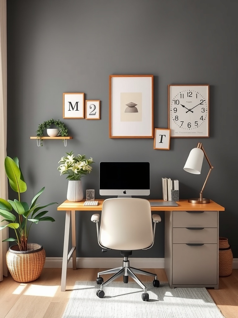 20 Creative and Affordable Home Office Ideas for Any Budget 10 A modern home office featuring a dark gray wall, wooden desk, and decorative elements.