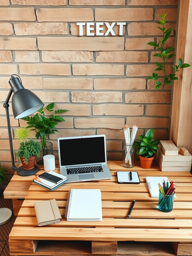 21 Creative DIY Ideas to Transform Your Home Office 7 A custom desk made from pallets with a laptop, notebooks, and plants in a cozy home office setting.