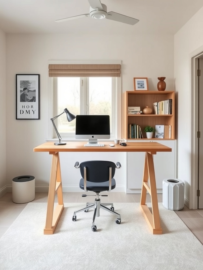21 Creative DIY Ideas to Transform Your Home Office 21 A modern DIY standing desk in a home office setting, featuring a wooden surface, a computer, and a stylish chair.