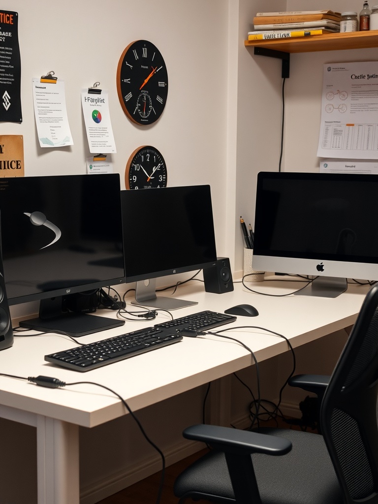 25 Smart Storage Solutions for a Stylish Home Office 22 A home office desk with two monitors, a keyboard, and visible cables, showcasing the importance of cable management.