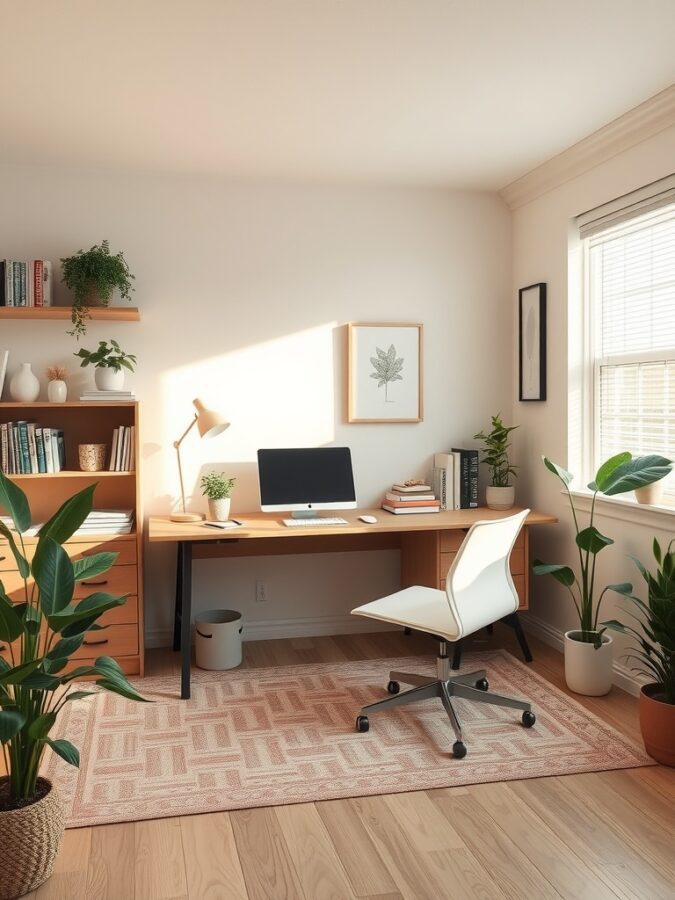 26 Cozy Home Office Ideas for Ultimate Comfort 16 A calming home office with light wood furniture, plants, and a neutral color palette.