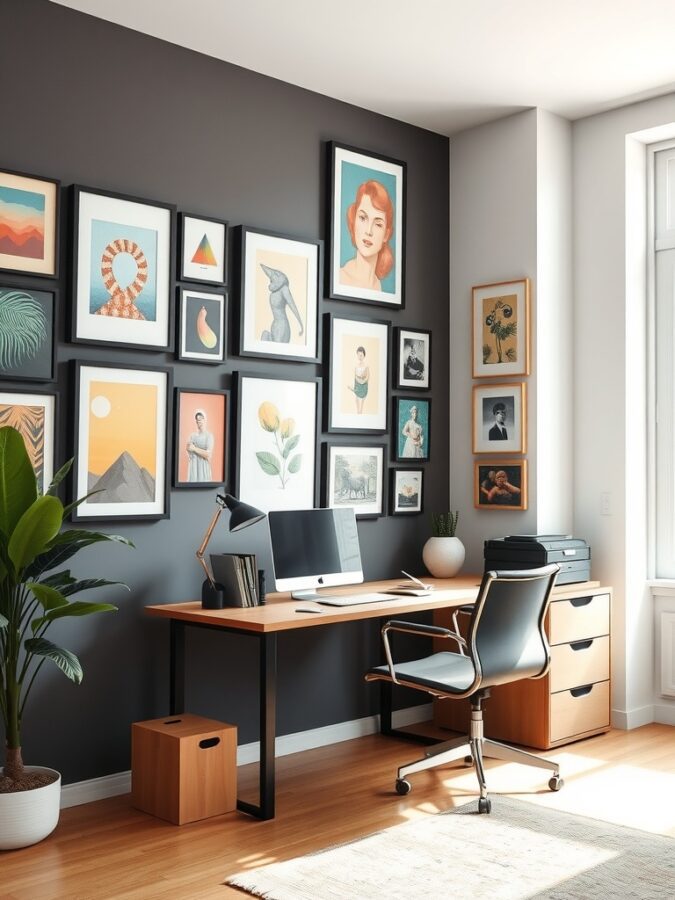 16 Vibrant Home Office Ideas to Brighten Your Workspace 9 A home office featuring a gallery wall of colorful framed art, a wooden desk, and a plant in the corner.
