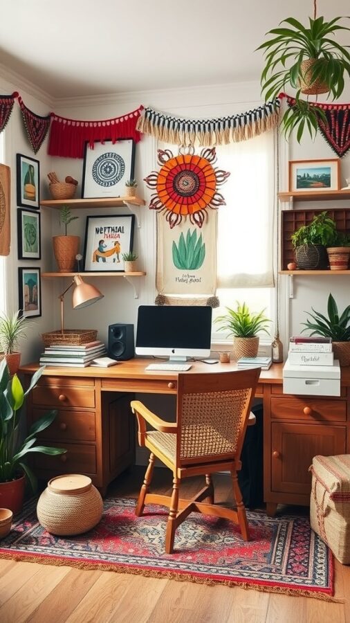 25 Stylish Home Office Ideas to Reflect Your Personality 18 A cozy bohemian office space featuring a wooden desk, plants, colorful wall art, and a patterned rug.