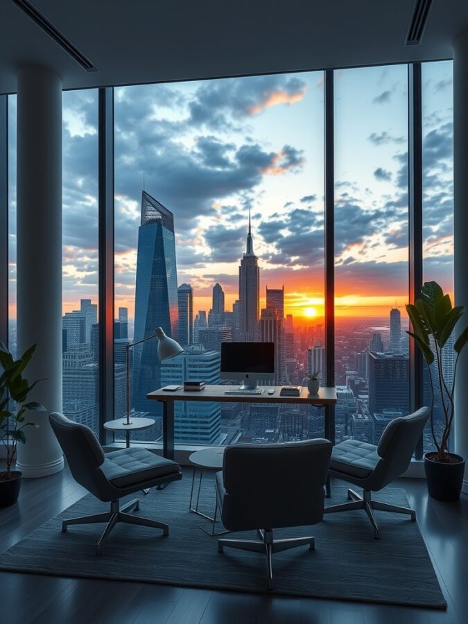 13 Inspiring Home Office Ideas with Stunning Views 14 Chic home office with a view of a city skyline at sunset, featuring a desk, computer, and comfortable seating.