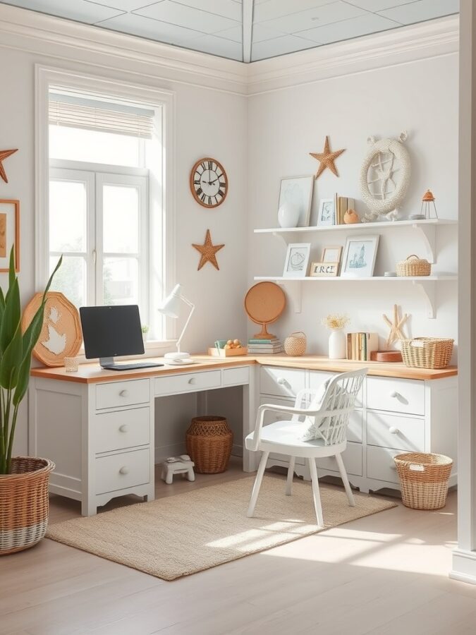 15 Inspiring Home Office Ideas for a Productive Workspace 14 A bright coastal-inspired home office with white furniture, light wood accents, and nautical decor.
