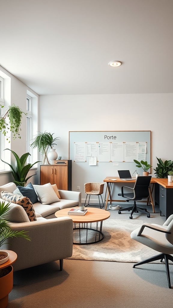 19 Inspiring Home Office Ideas You Need to Try 21 A modern home office with a cozy seating area, a desk, and plants, designed for collaboration.