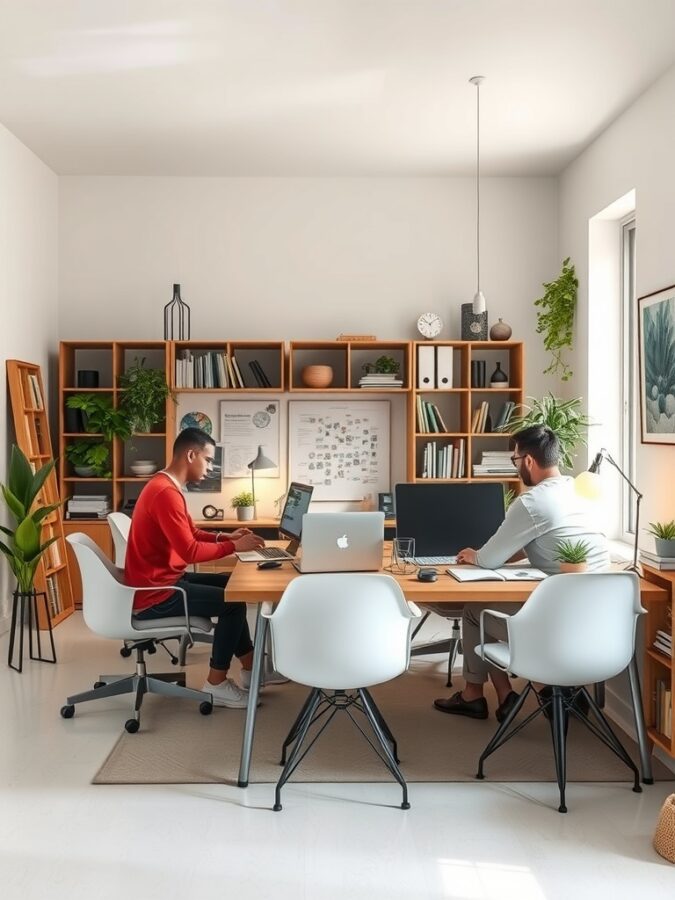 26 Cozy Home Office Ideas for Ultimate Comfort 27 Two individuals working together in a bright home office with a shared desk and organized shelves.