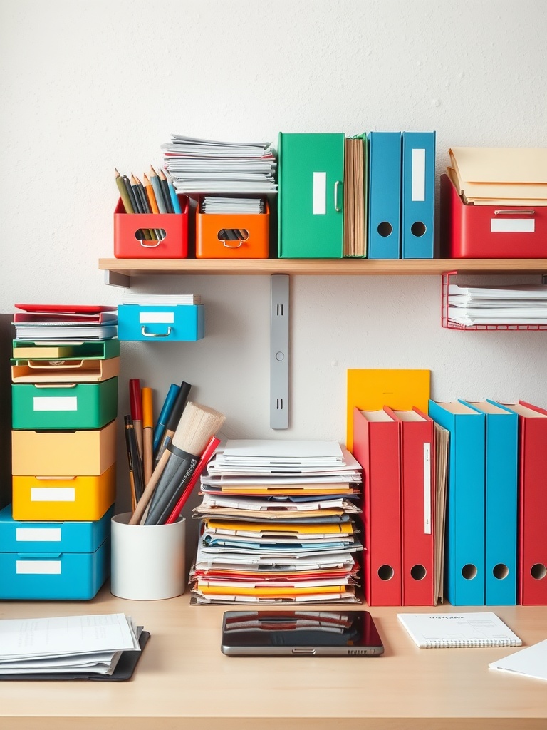 30 Inspiring Home Office Ideas for Remote Work Success 27 A colorful and organized home office with various storage boxes and files.