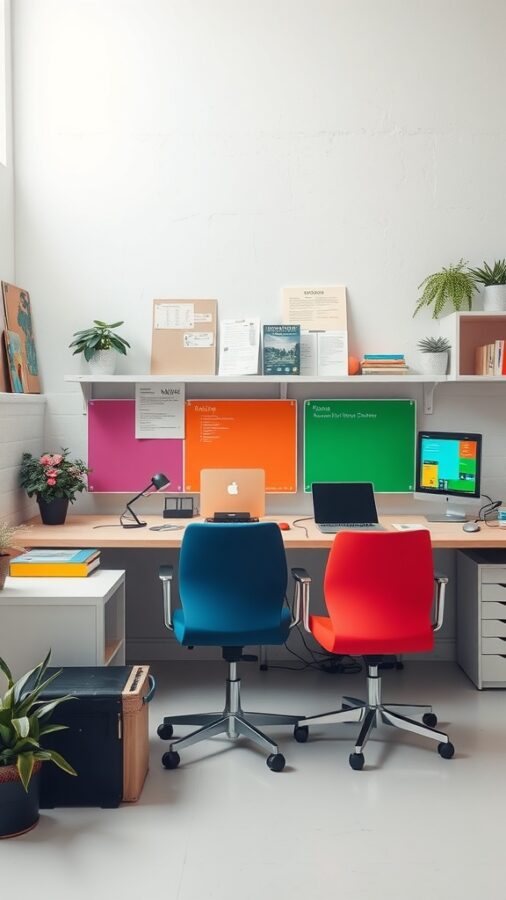 23 Creative Home Office Ideas for Shared Workspaces 10 A shared home office with color-coded zones, featuring two colorful chairs, vibrant wall colors, and plants.