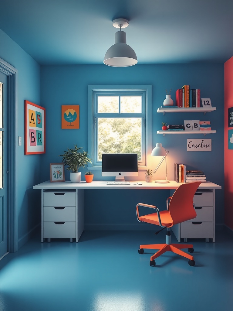 30 Inspiring Home Office Ideas for Remote Work Success 20 A bright home office featuring blue walls, an orange chair, and a desk with a computer and books.