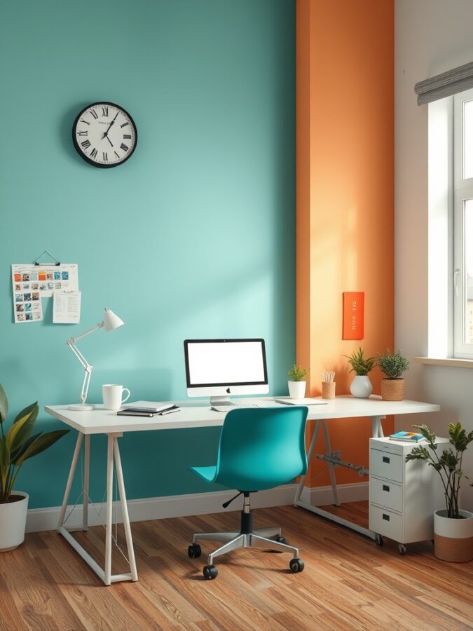 19 Stunning Home Office Ideas to Make a Bold Statement 20 A bright home office featuring teal and orange walls, a white desk, and plants.