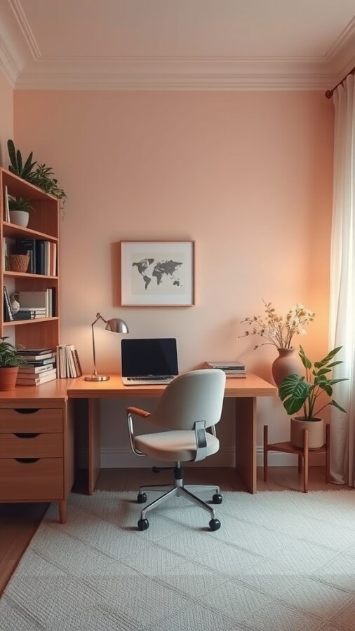 21 Smart Home Office Ideas That Also Make Cozy Guest Rooms 21 A cozy home office with peach walls, a wooden desk, and plants, promoting relaxation.