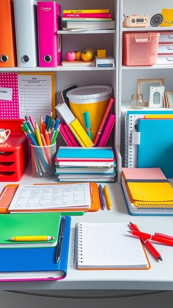 21 Creative Home Office Ideas to Boost Your Productivity 17 A colorful and organized home office setup with various office supplies including notebooks, pens, and storage boxes.
