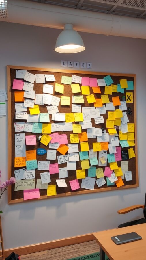 23 Creative Home Office Ideas for Shared Workspaces 18 A colorful bulletin board filled with sticky notes in various colors, showcasing ideas and reminders.