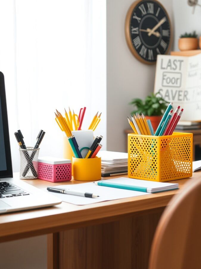 16 Vibrant Home Office Ideas to Brighten Your Workspace 13 A colorful home office desk with various desk organizers in yellow, pink, and black, filled with pens and pencils.