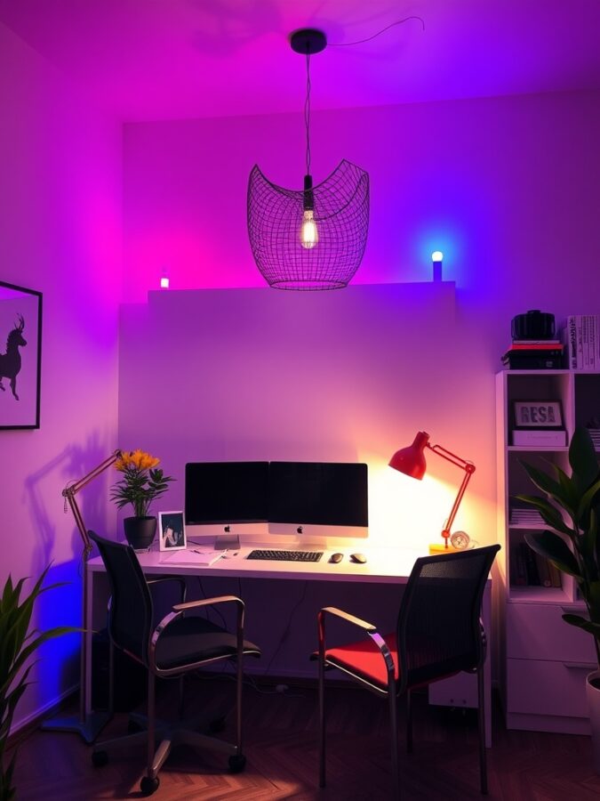 16 Vibrant Home Office Ideas to Brighten Your Workspace 3 A modern home office with colorful lighting fixtures, including a unique pendant light and a red desk lamp.