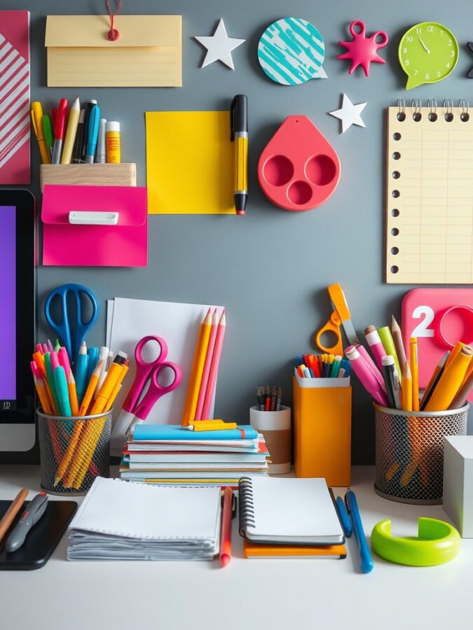 19 Stunning Home Office Ideas to Make a Bold Statement 3 A colorful array of office accessories including pens, sticky notes, and notebooks on a desk.