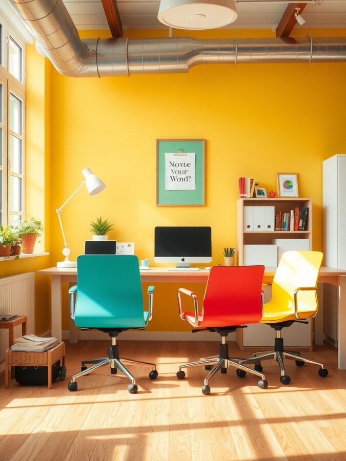 16 Vibrant Home Office Ideas to Brighten Your Workspace 5 A colorful home office with teal and red chairs, a yellow wall, and a white desk.