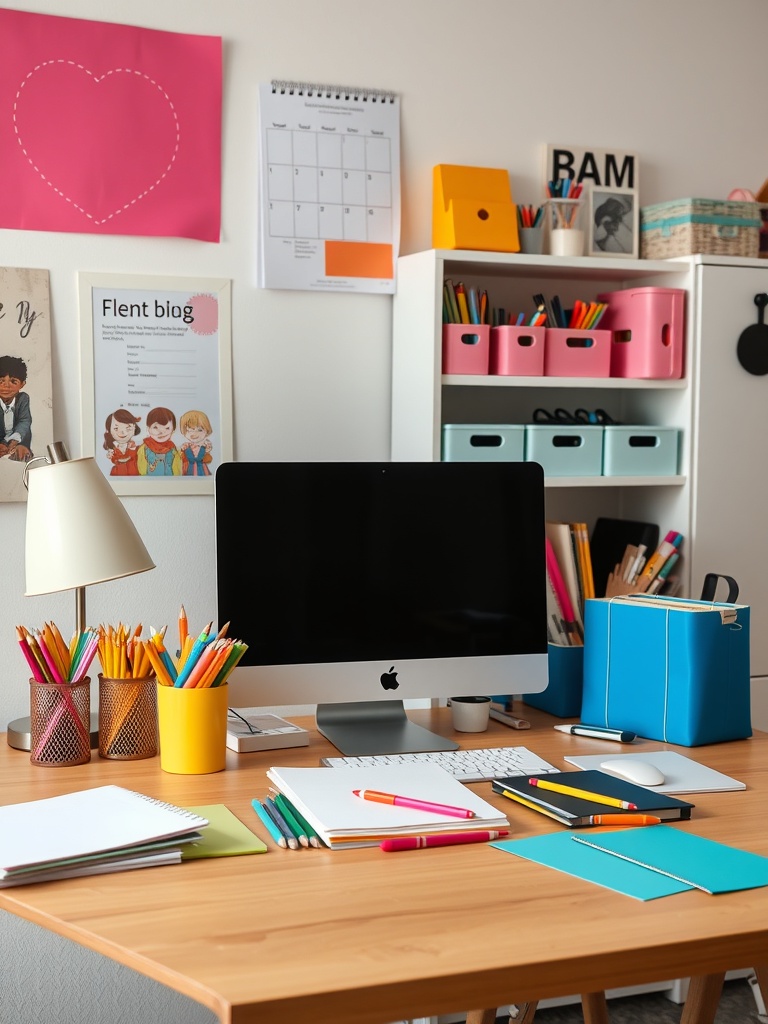 20 Creative and Affordable Home Office Ideas for Any Budget 22 A colorful home office setup with an iMac, vibrant stationery, and organized supplies.