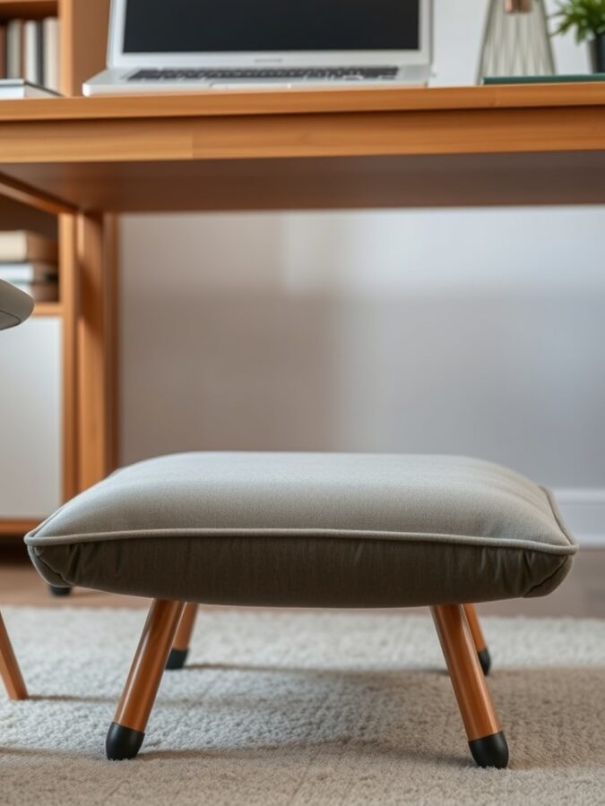 26 Cozy Home Office Ideas for Ultimate Comfort 18 A comfortable footrest with a soft cushion and wooden legs, placed under a desk in a home office setting.
