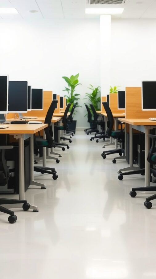 23 Creative Home Office Ideas for Shared Workspaces 21 A modern shared office space with multiple desks, computers, and plants.