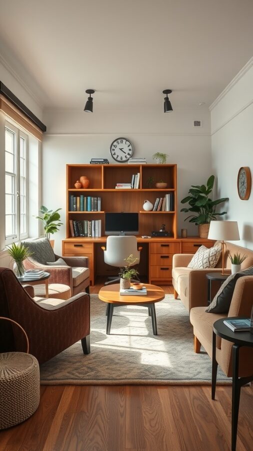 23 Creative Home Office Ideas for Shared Workspaces 7 A cozy lounge area in a home office with comfortable seating, a coffee table, and a bookshelf.