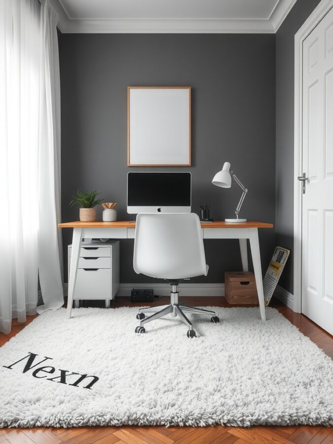 26 Cozy Home Office Ideas for Ultimate Comfort 7 A cozy home office featuring a plush white rug under a modern desk with a computer and lamp.