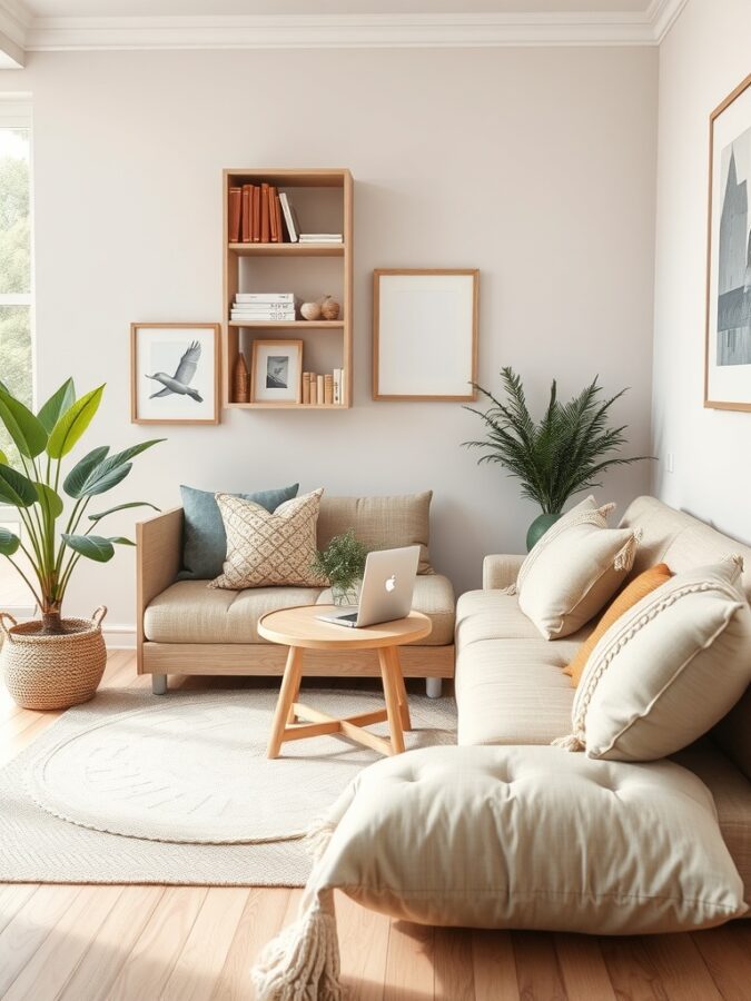 26 Cozy Home Office Ideas for Ultimate Comfort 15 A cozy home office seating area with a couch, armchair, coffee table, and plants.